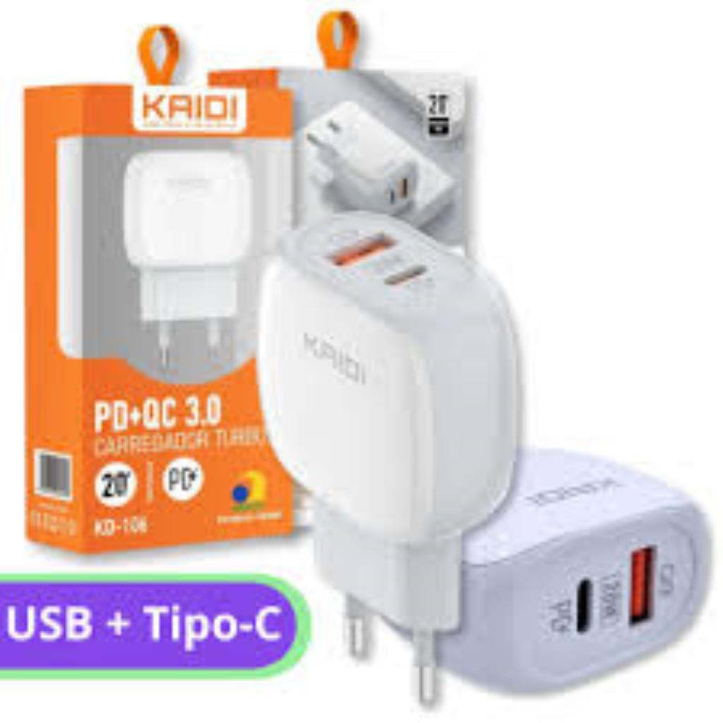 Fonte / Carregador PD + USB 3.0 20W - Kaidi - KD-106 Kaidi