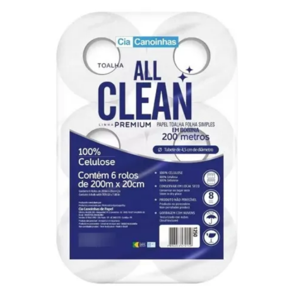 TOALHA DE PAPEL BOBINA 200X20 FD 6UN PREMIUM ALL CLEAN