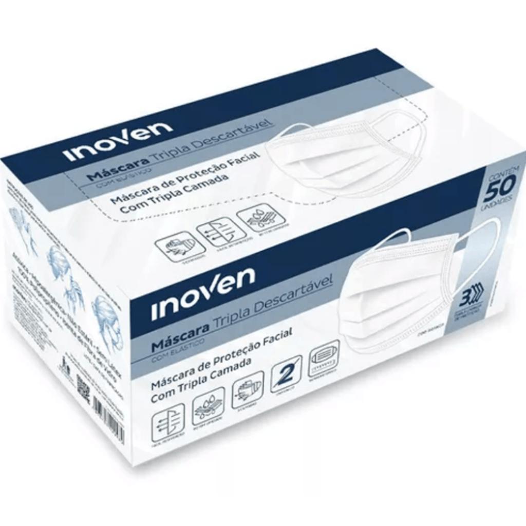 MASCARA DESCARTAVEL TRIPLA BRANCA TNT 50 UNID INOVEN