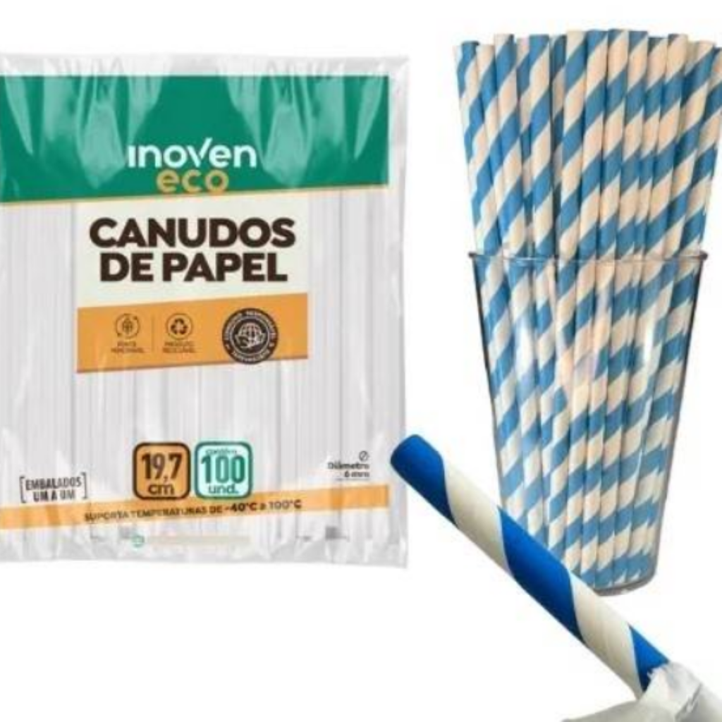CANUDO PAPEL MILK SHAKE 8MM LISTRADO BR/AZUL 19,7CM 100UN INOVEN