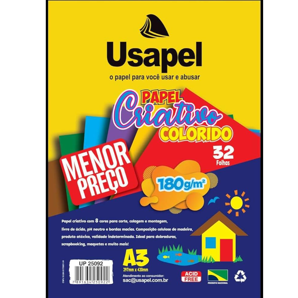 PAPEL CRIATIVO A3 8 CORES 180GR 32FLS USAPEL