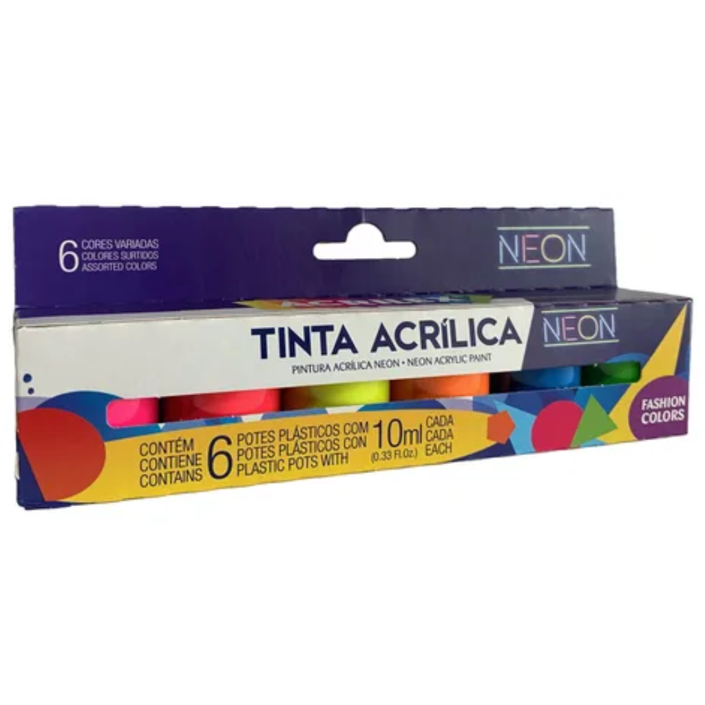 TINTA ACRILICA NEON 10ML C/6 CORES ACRILEX