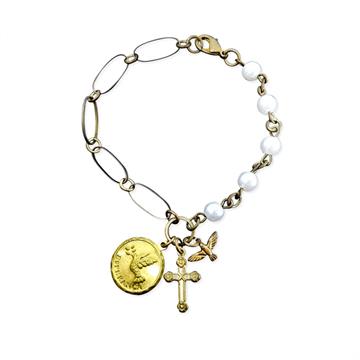 PULSERIA COM PÉROLAS E PINGENTE DE POMBO/CRUZ/ESPERANÇA