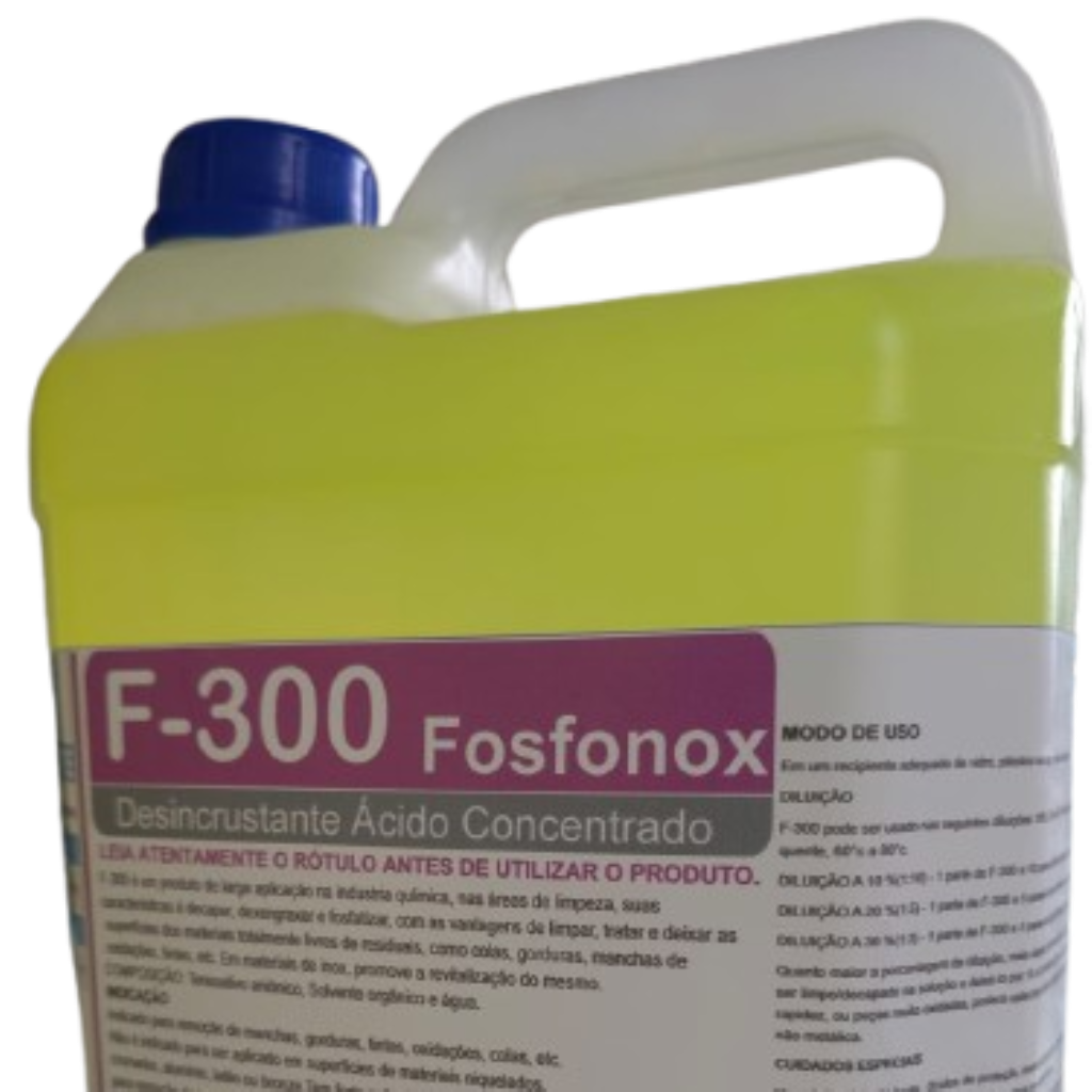 F300 - SOLUÇÃO DETERGENTE DESINCRUSTANTE ÁCIDA PARA LIMPEZA PESADA. GALÃO 5 LITROS.
