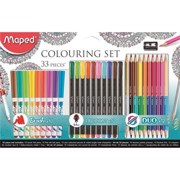 Kit de Coloração 10 Canetas Hidrográficas + 10 Canetas Fineliner + 12 Lápis de Cor Duo