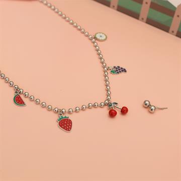 CONJUNTO AÇO PINGENTE FRUTAS PRATEADO