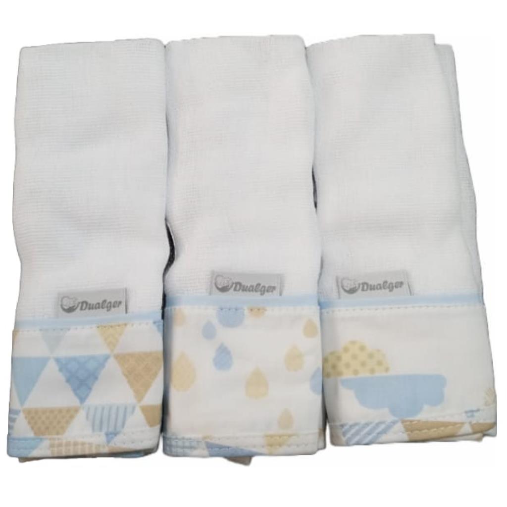 KIT PANO DE BOCA MASCULINO 3 UN 32CM X 32CM 100% ALGODAO C/ PRENDEDOR DE CHUPETA DUALGER