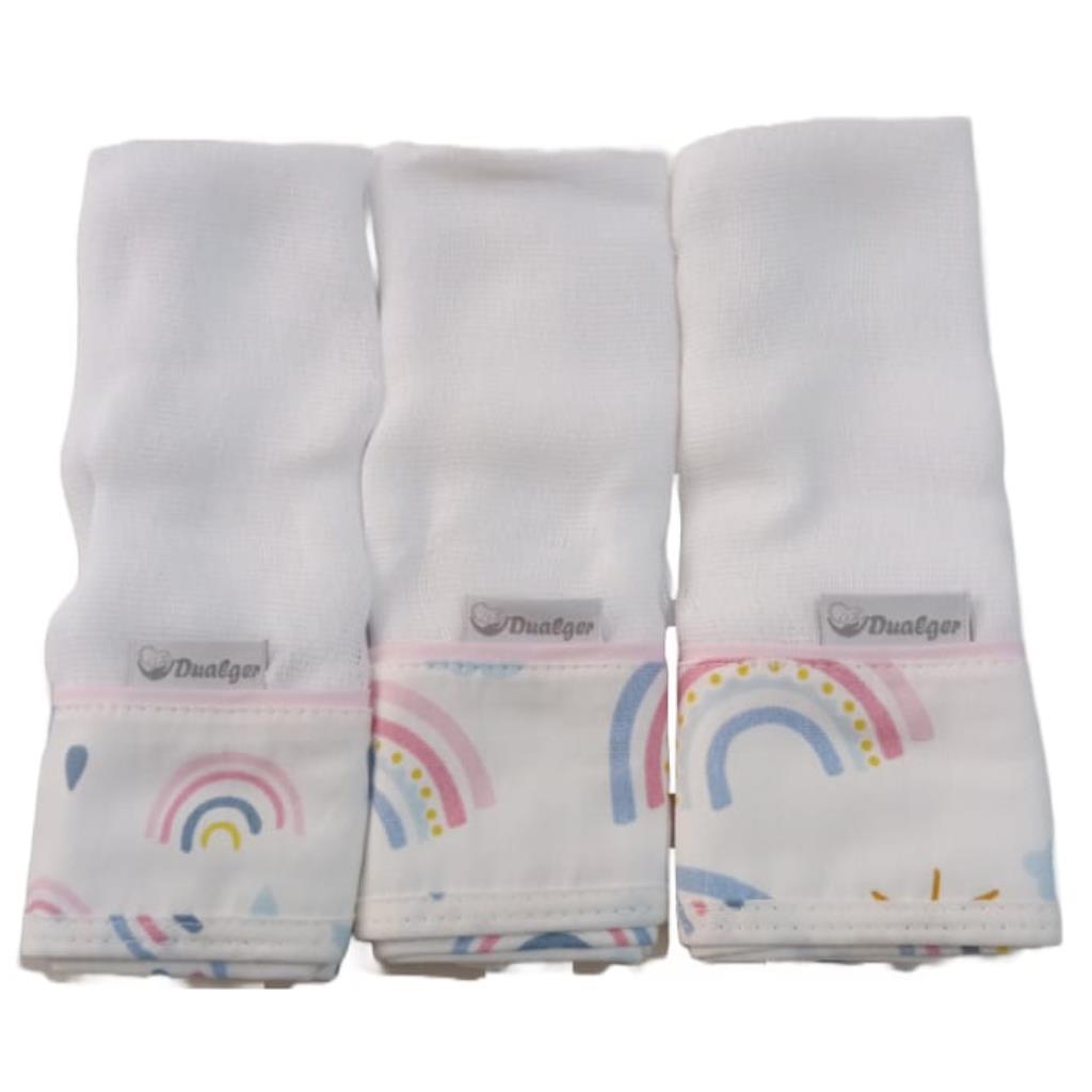KIT PANO DE BOCA FEMININO 3 UN 32CM X 32CM 100% ALGODAO C/ PRENDEDOR DE CHUPETA DUALGER