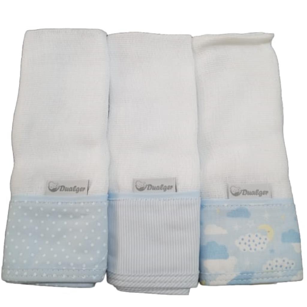 KIT PANO DE BOCA MASCULINO 3 UN 32CM X 32CM 100% ALGODAO C/ PRENDEDOR DE CHUPETA DUALGER