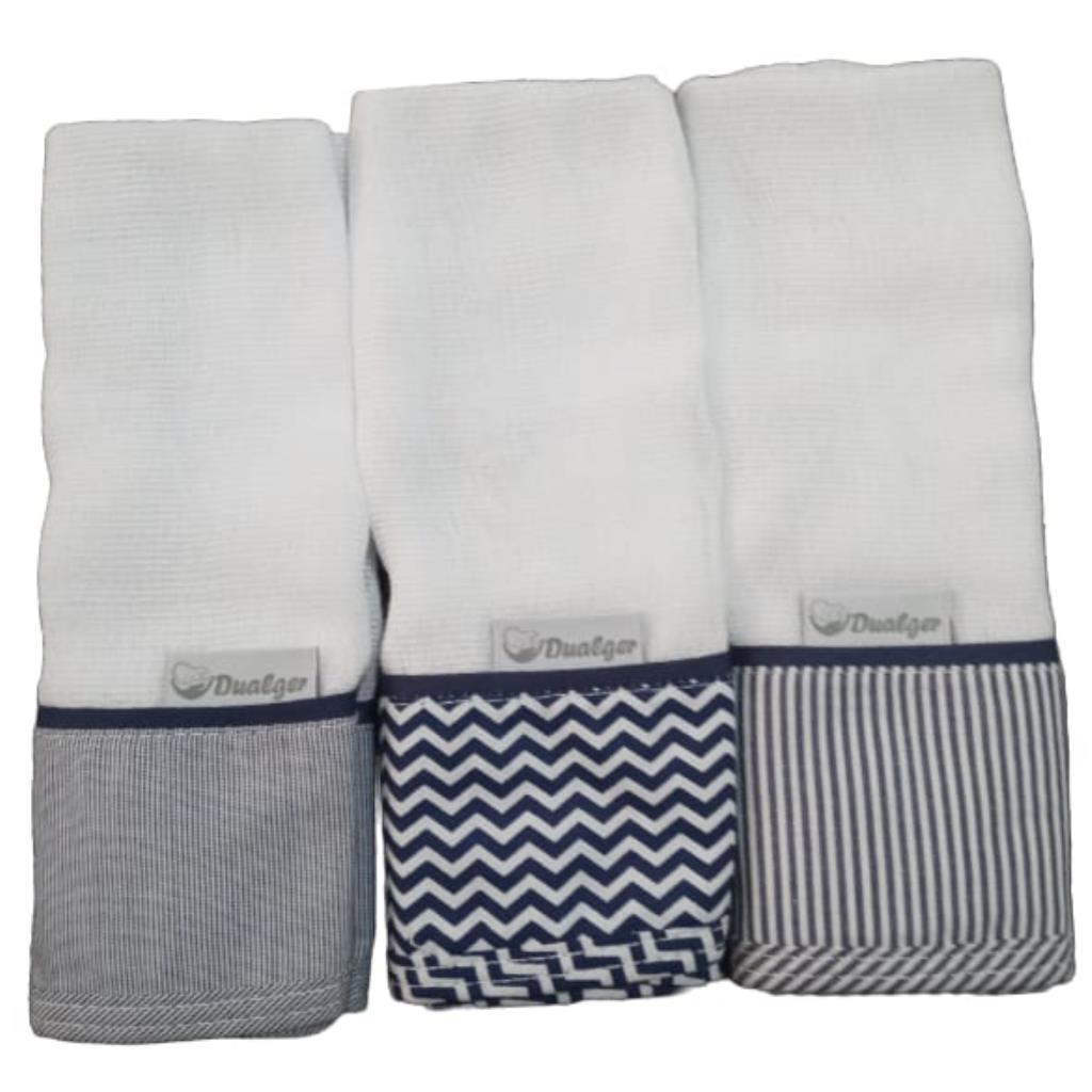 KIT PANO DE BOCA MASCULINO 3 UN 32CM X 32CM 100% ALGODAO C/ PRENDEDOR DE CHUPETA DUALGER