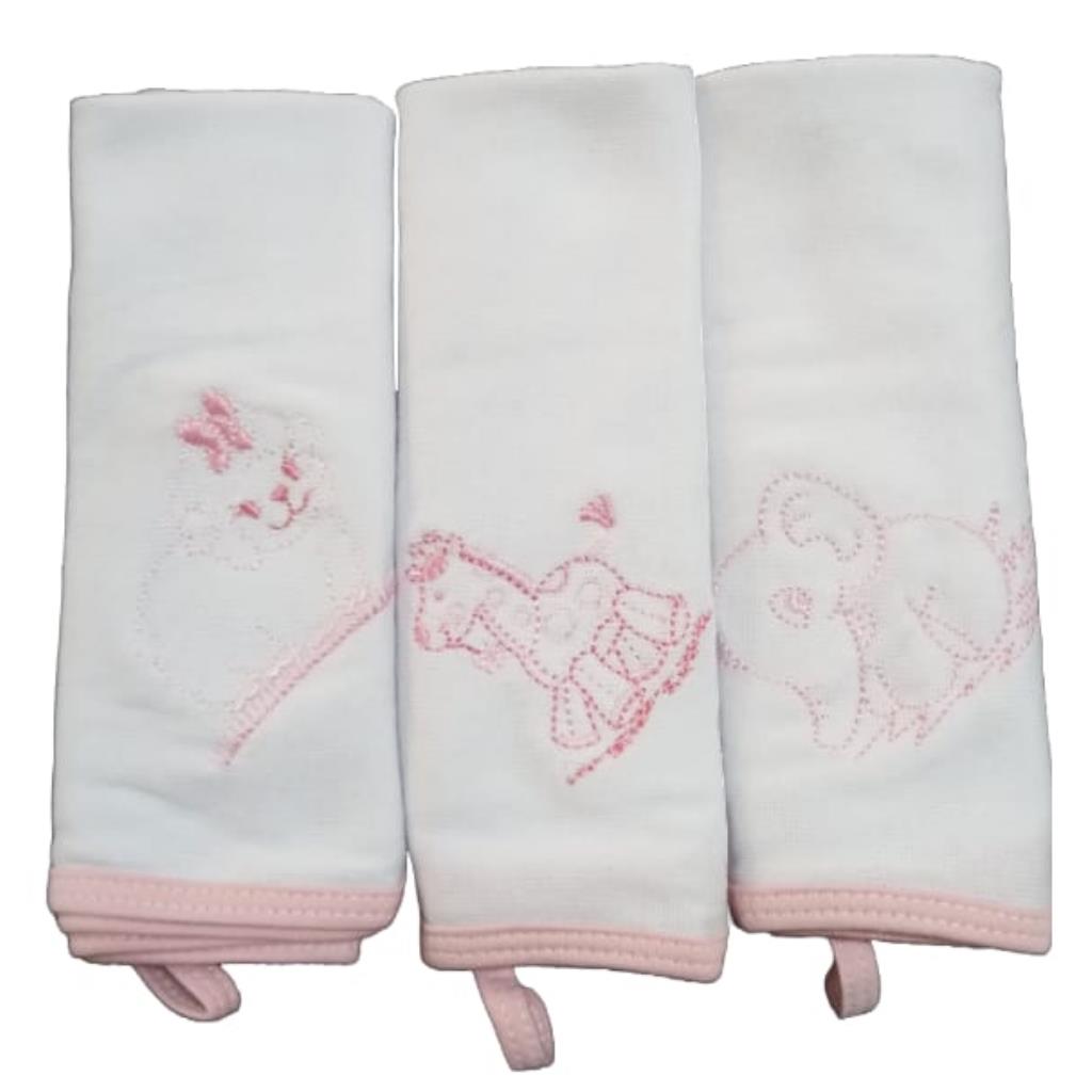 KIT PANO DE BOCA FEMININO 3 UN 35CM X 35CM 85% ALGODAO 15% POLIESTER C/ PRENDEDOR DE CHUPETA DUALGER