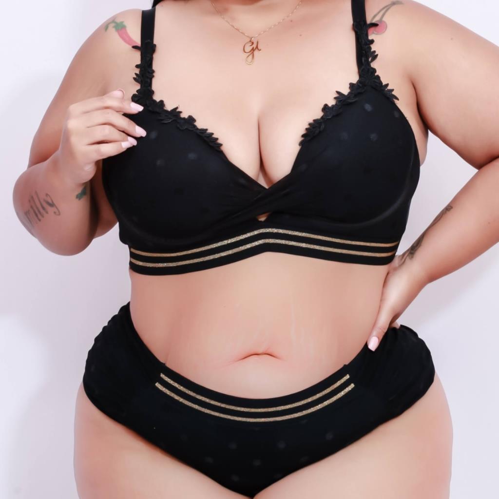 [TAM. 48] CONJUNTO DE TULE TRABALHADO TRANSPASSADO PRETO