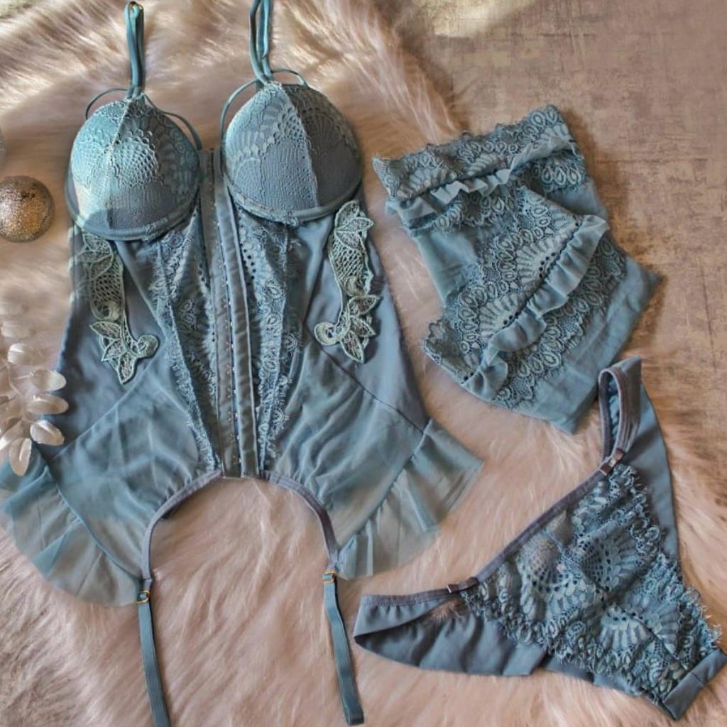 [TAM. GG] ESPARTILHO RENDADO STRAPPY BRA COM DETALHE EM GUIPIR AZUL SAGRADO