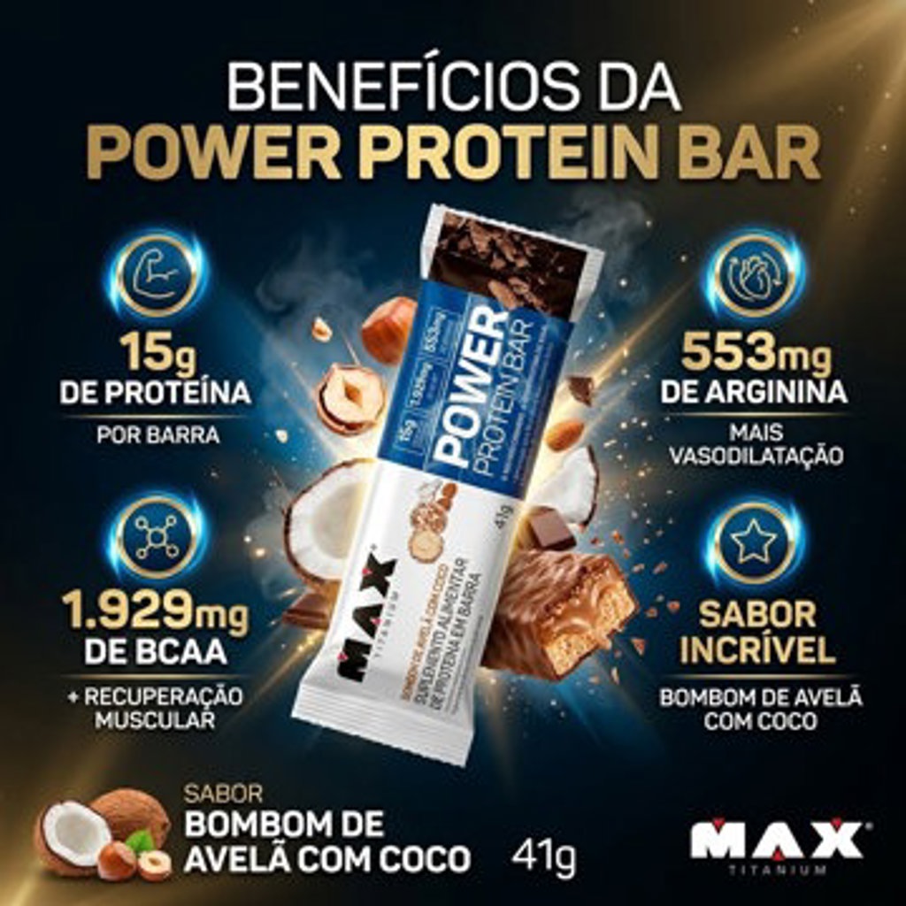 POWER PROTEIN BAR BOMBOM DE AVELÃ COM COCO MAX TITANIUM 41 GRAMAS