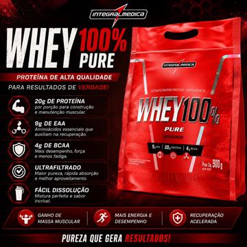 WHEY 100% PURE INTEGRALMEDICA MORANGO REFIL 900G