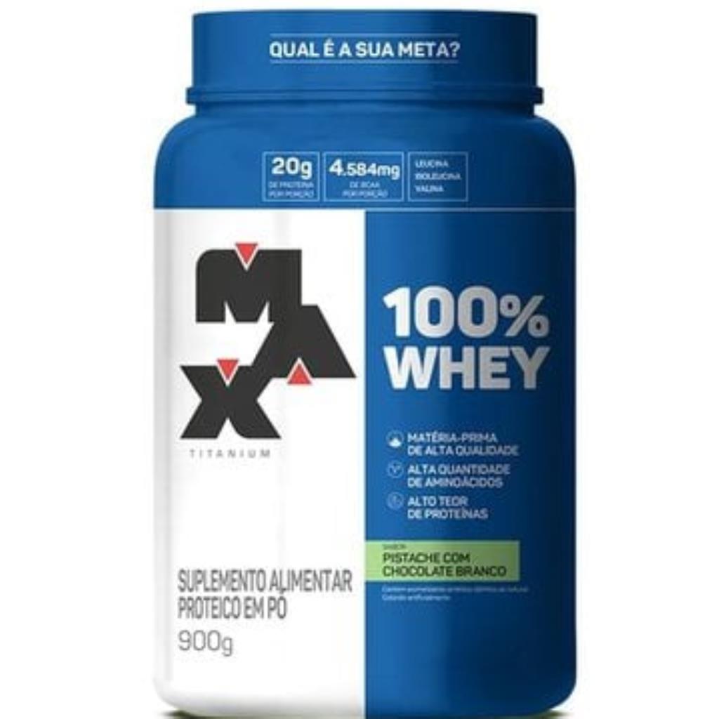 100% WHEY MAX TITANIUM POTE PISTACHE C/ CHOCOLATE BRANCO 900G