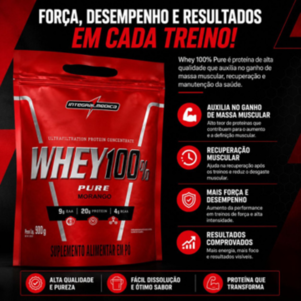 WHEY 100% PURE INTEGRALMEDICA MORANGO REFIL 900G