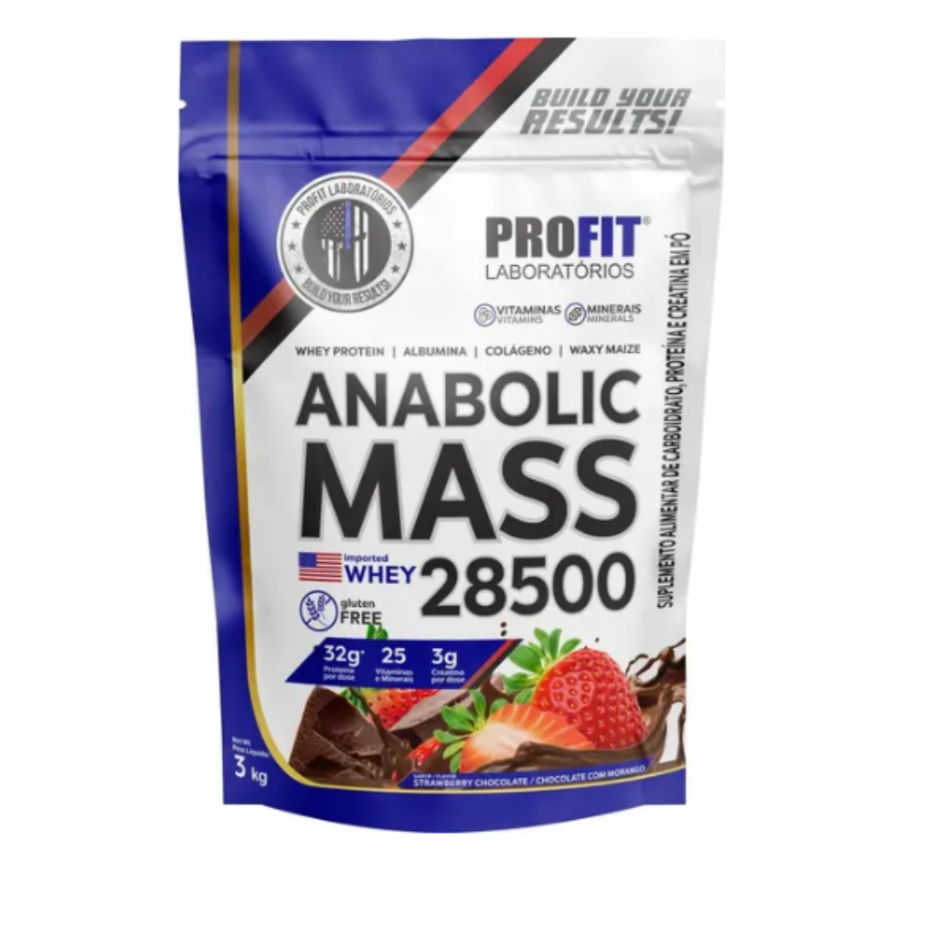 ANABOLIC MASS 28500 PROFIT CHOCOLATE COM MORANGO 3KG