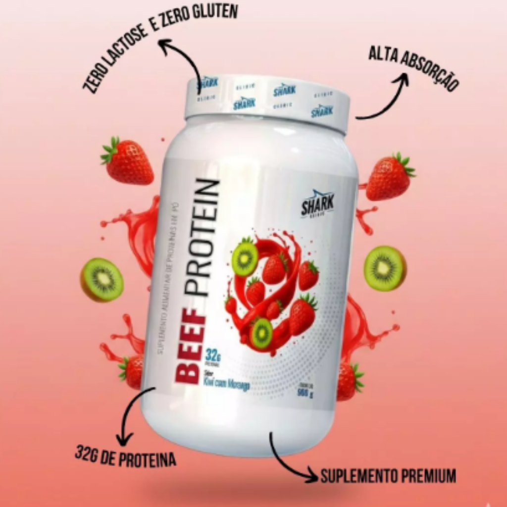BEEF PROTEIN SHARK PRO MORANGO COM KIWI POTE 900 GRAMAS