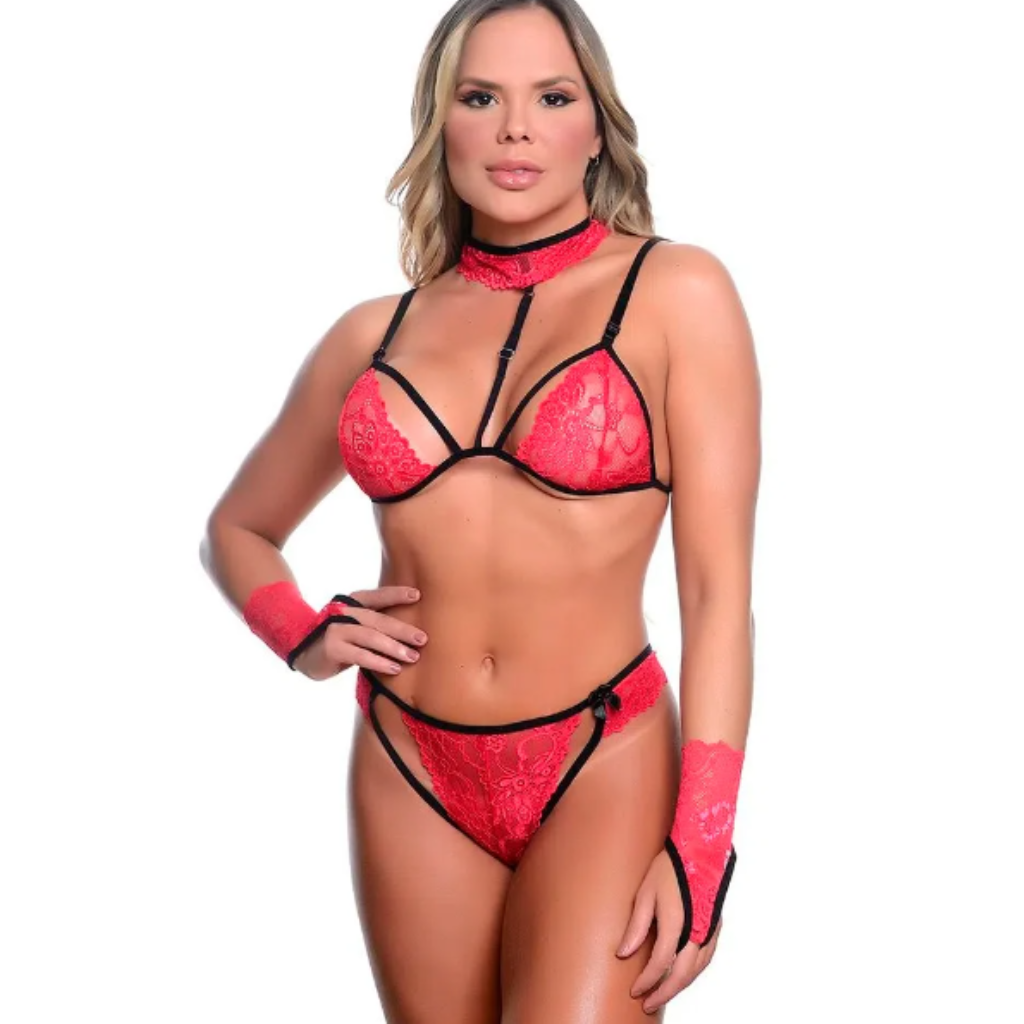 CONJUNTO SEXY COM GARGANTILHA E LUVA (REF.:069) VERMELHO C/ PRETO -  HOT LOVE