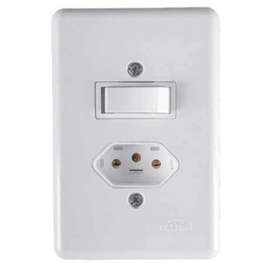 Interruptor Ilumi 1 Tecla Paralela + 1 Tomada 2 Polos + T com Placa Stylus 6A/10A 250V 4 x 2