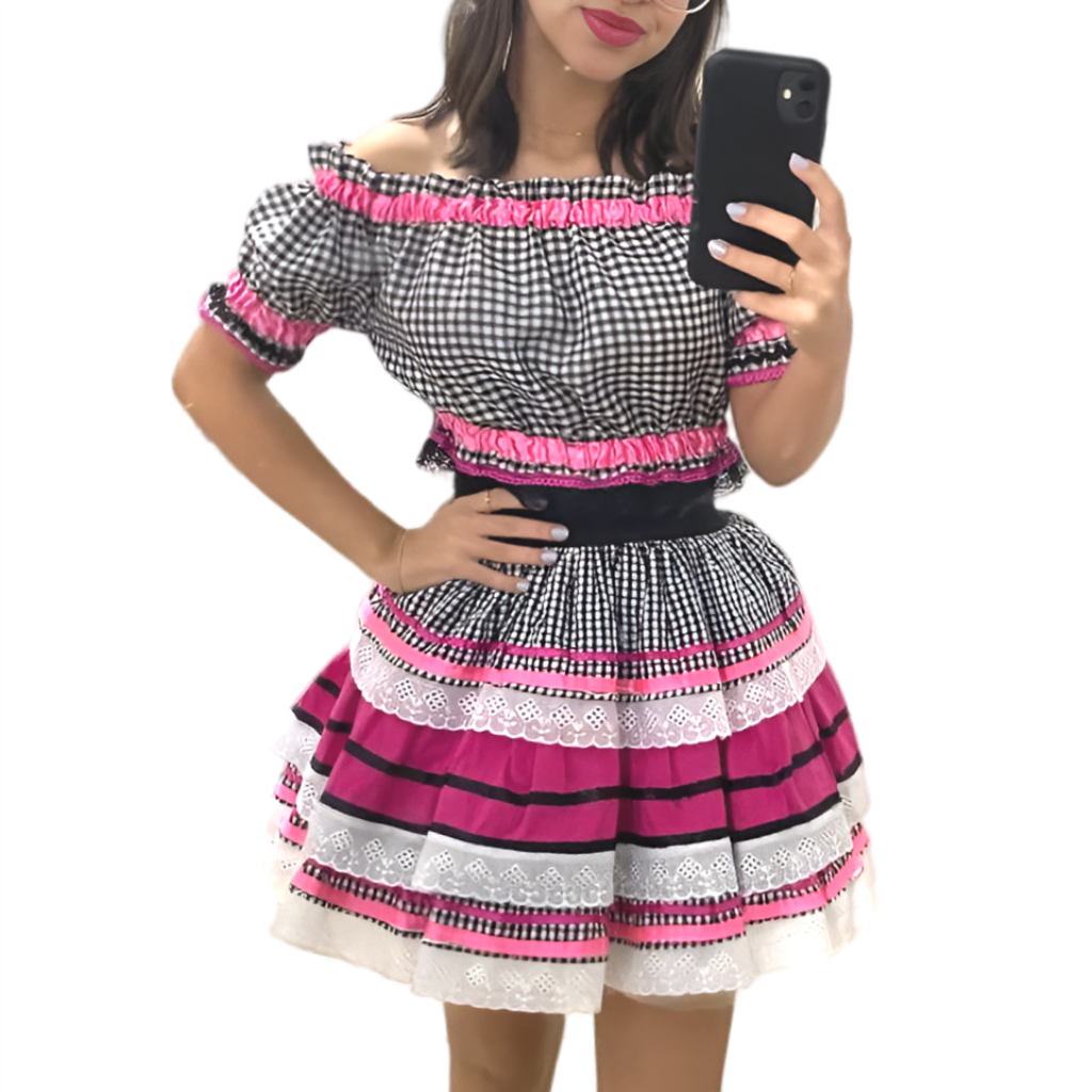 Conjunto Junino Bianca Xadrez Preto e Branco