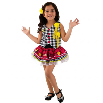 Conjunto Junino xadrez vermelho infantil (detalhes girassol)