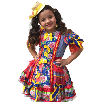 Vestido Junino Azul Floral Rosa Infantil (Tango)