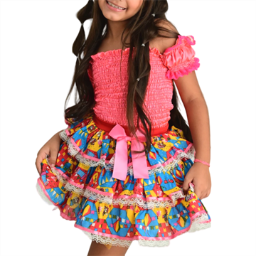 Conjunto Junino com saia salopete rosa arraia (JUVENIL)