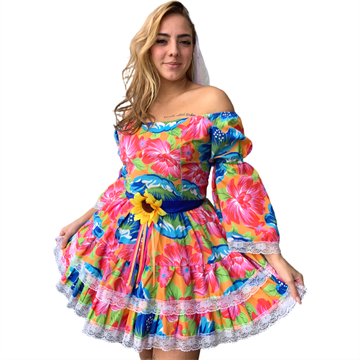Vestido Junino Cassis Rosa floral manga maior