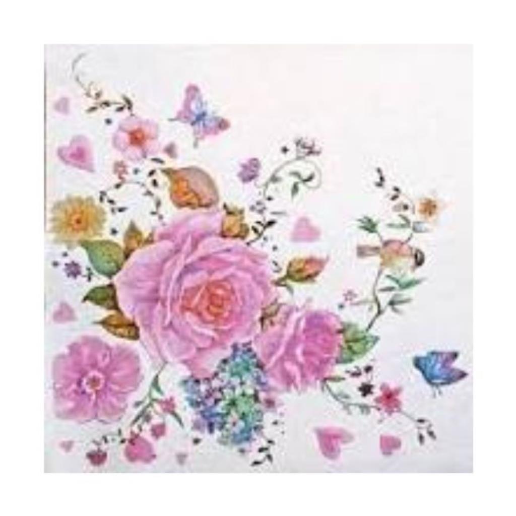 Guardanapo decoupage 33 x 33 "Drawn Roses with Butterflyes " com 2 peças