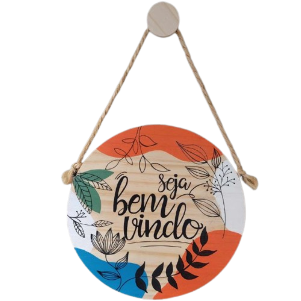 Placa de Boas Vindas de madeira pintura orgânica 30cm