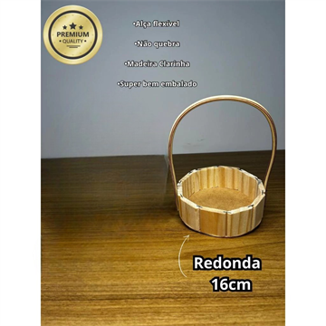 Cesta de Madeira Redonda 16cm Alca de Fibra