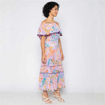 VESTIDO SOFIA FLORAL EM CREPE COM BABADO OMBRO A OMBRO