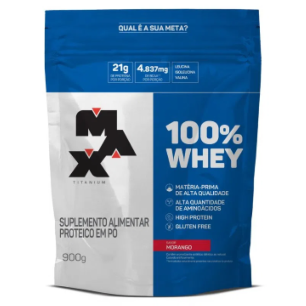 100% WHEY REFIL 900G SABOR MORANGO VF - MAX TITANIUM