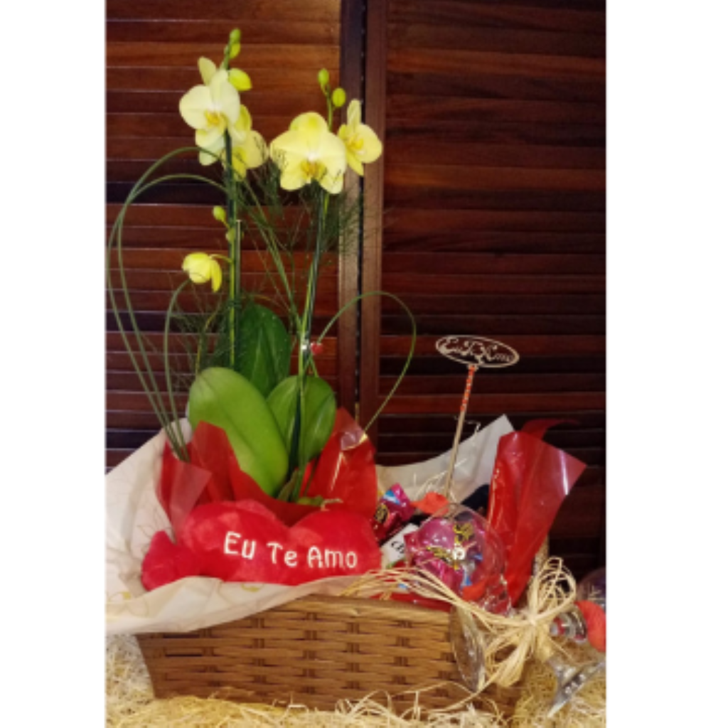 Orquídea na cesta sintética com taça, vinho, bombons e pelúcias