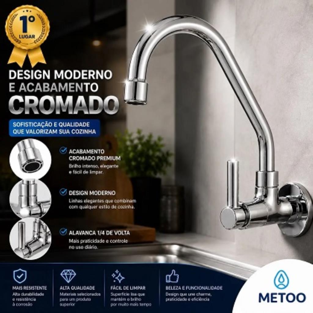 Torneira Cozinha Parede Bica Móvel Alavanca 1/4 Cromada