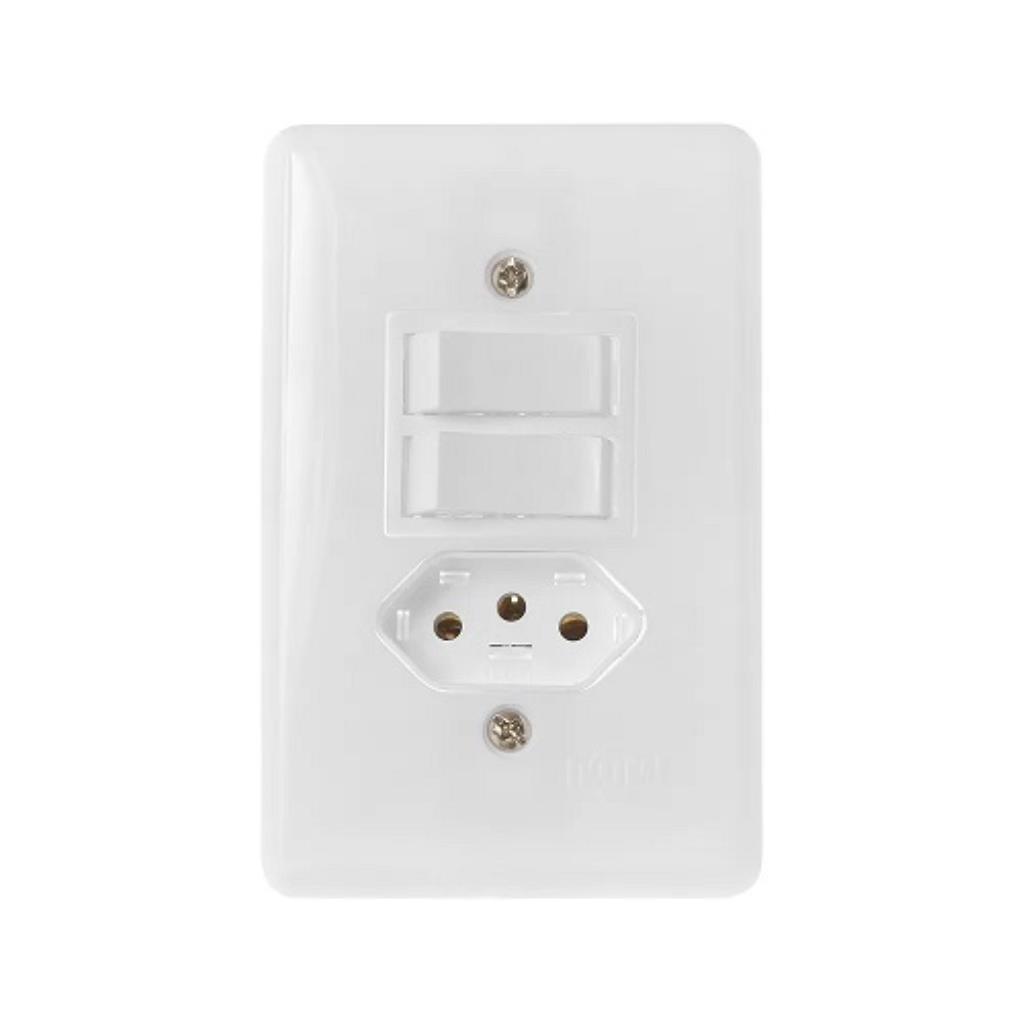 interruptor 2 tecla simples 6A Com tomada 10A 2 Pino + Terra 250V Ilumi