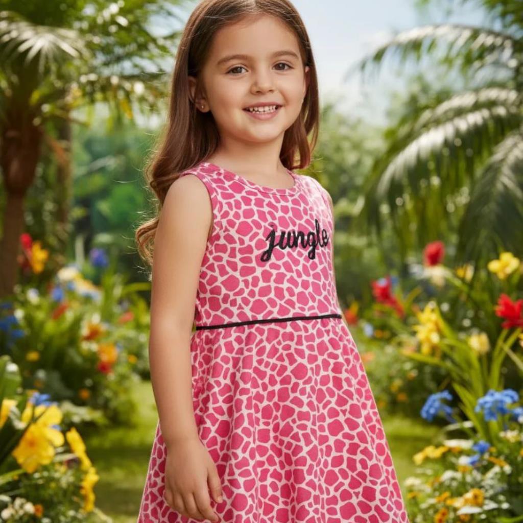 VESTIDO INFANTIL DUDUKA ANIMAL PRINT JUNGLE TAMANHO 3 ROSA