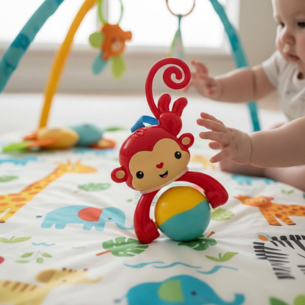 BRINQUEDO CHOCALHO DIVERTIDO MACACO VERMELHO + 3 MESES