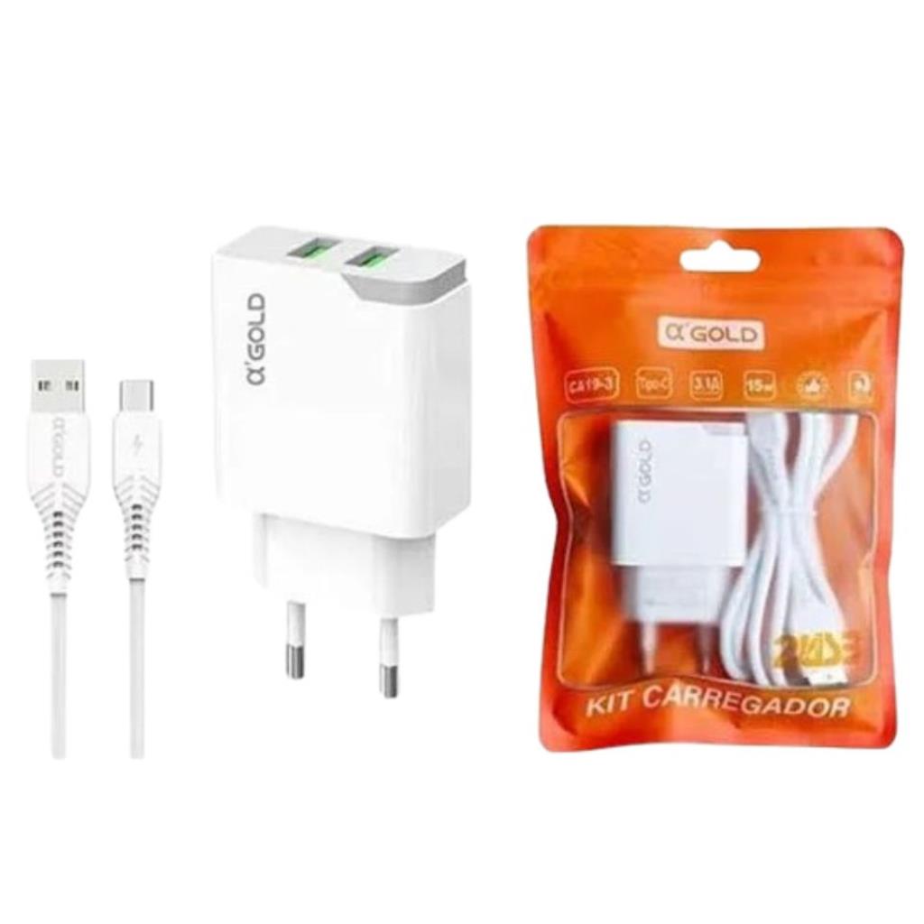 Carregador Rapido Agold 3.1A 15W CA19-3 Tipo C Com 2 USB