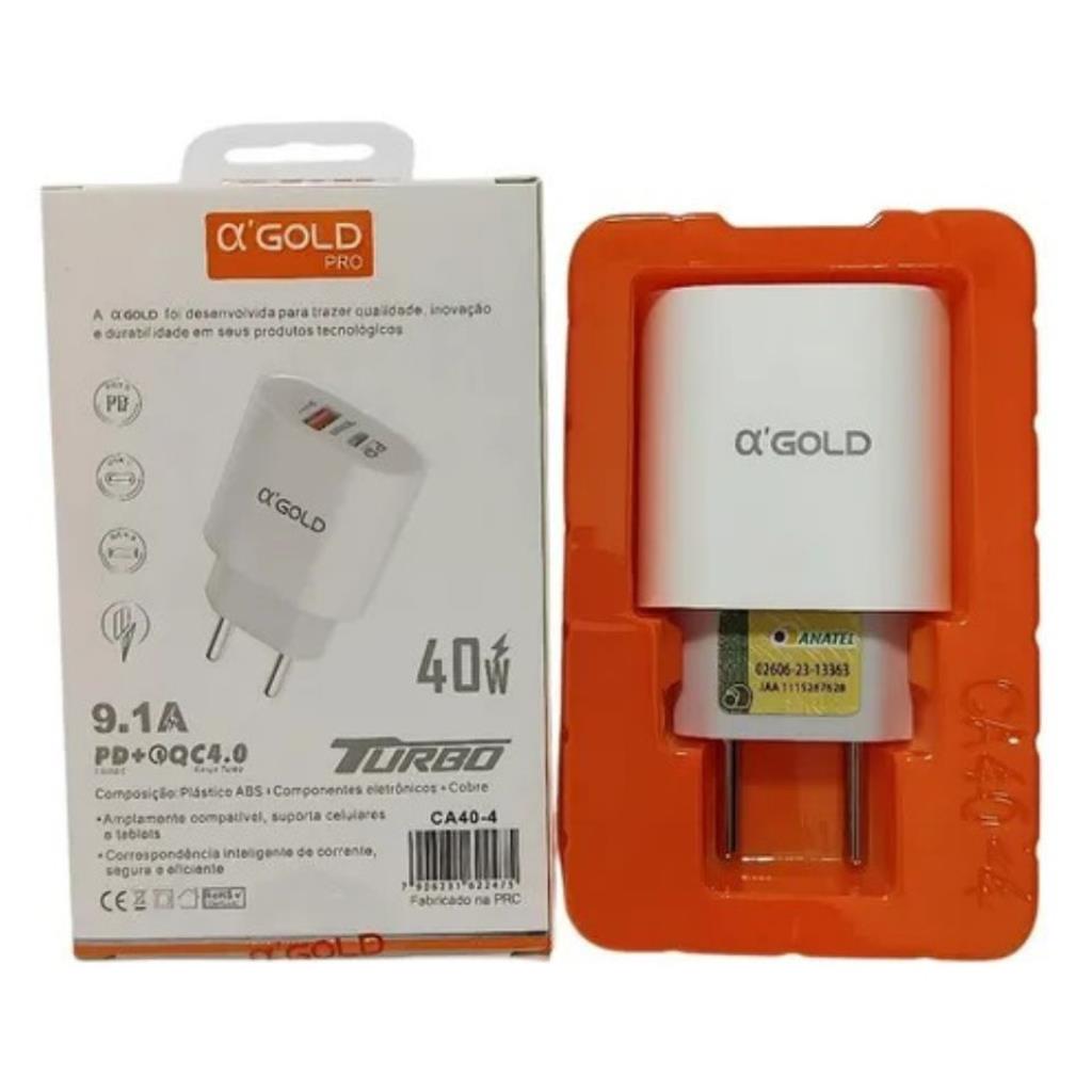 Fonte Turbo 9.1A 40W Agold CA40-4 Com Dua Entradas USB e Tipo C