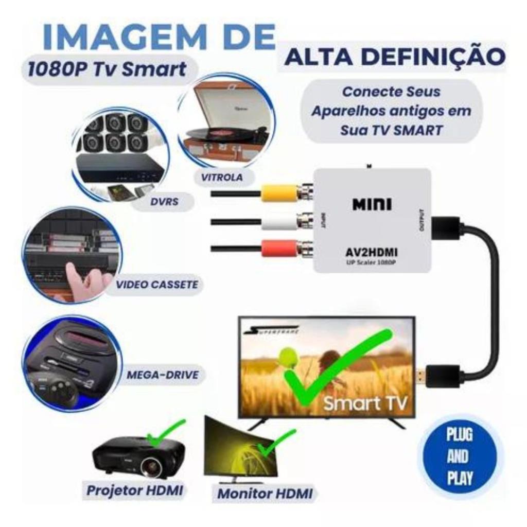 Conversor de Video HD Entrada Av Rca Para Saída Hdmi Mini Adaptador 1080p Full HD Kapbom KAP-V115