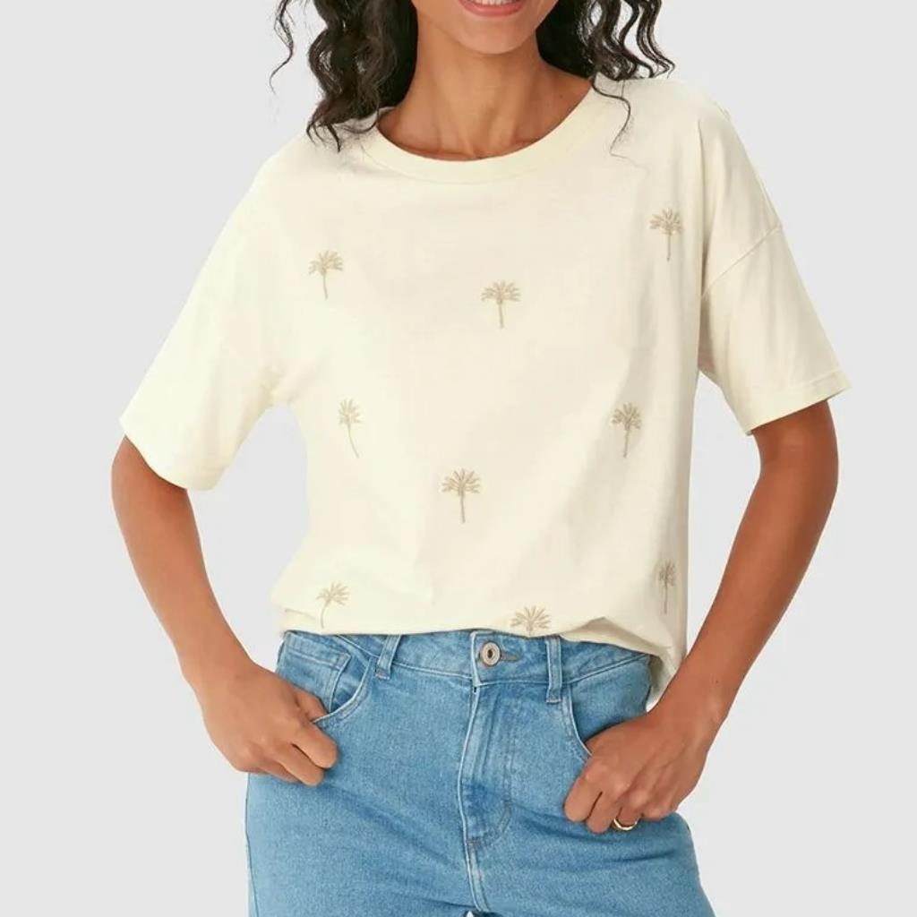 Camiseta Feminina Bordado Coqueiros Off White Tam M Malwee