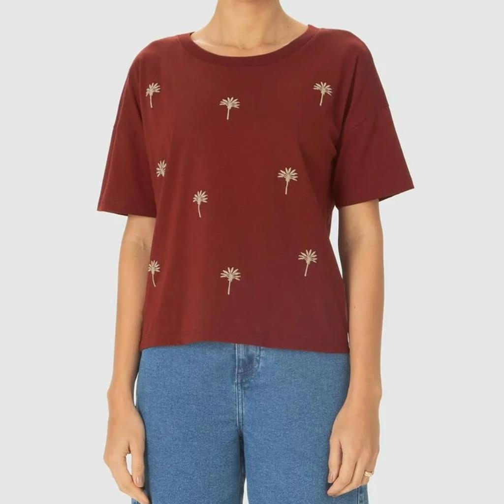 Camiseta Feminina Bordado Coqueiros Vermelho Tam M Malwee