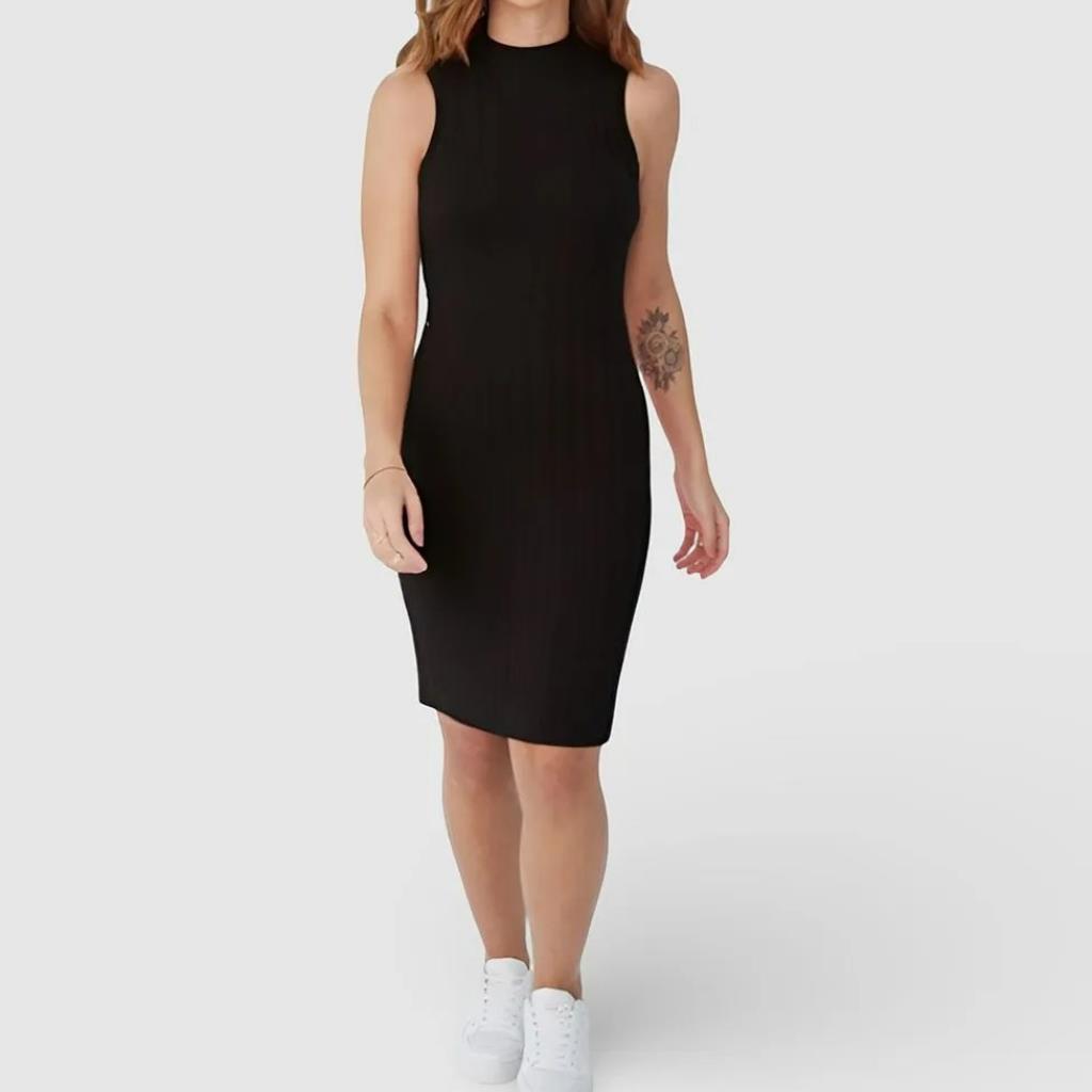 Vestido Gola Alta Canelado Viscose Preto Tam G Malwee
