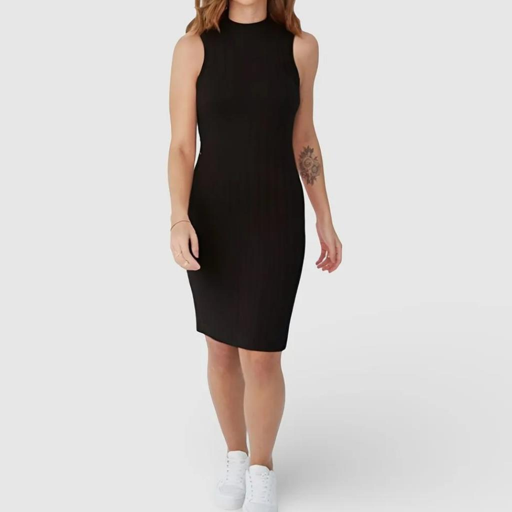 Vestido Gola Alta Canelado Viscose Preto Tam GG Malwee