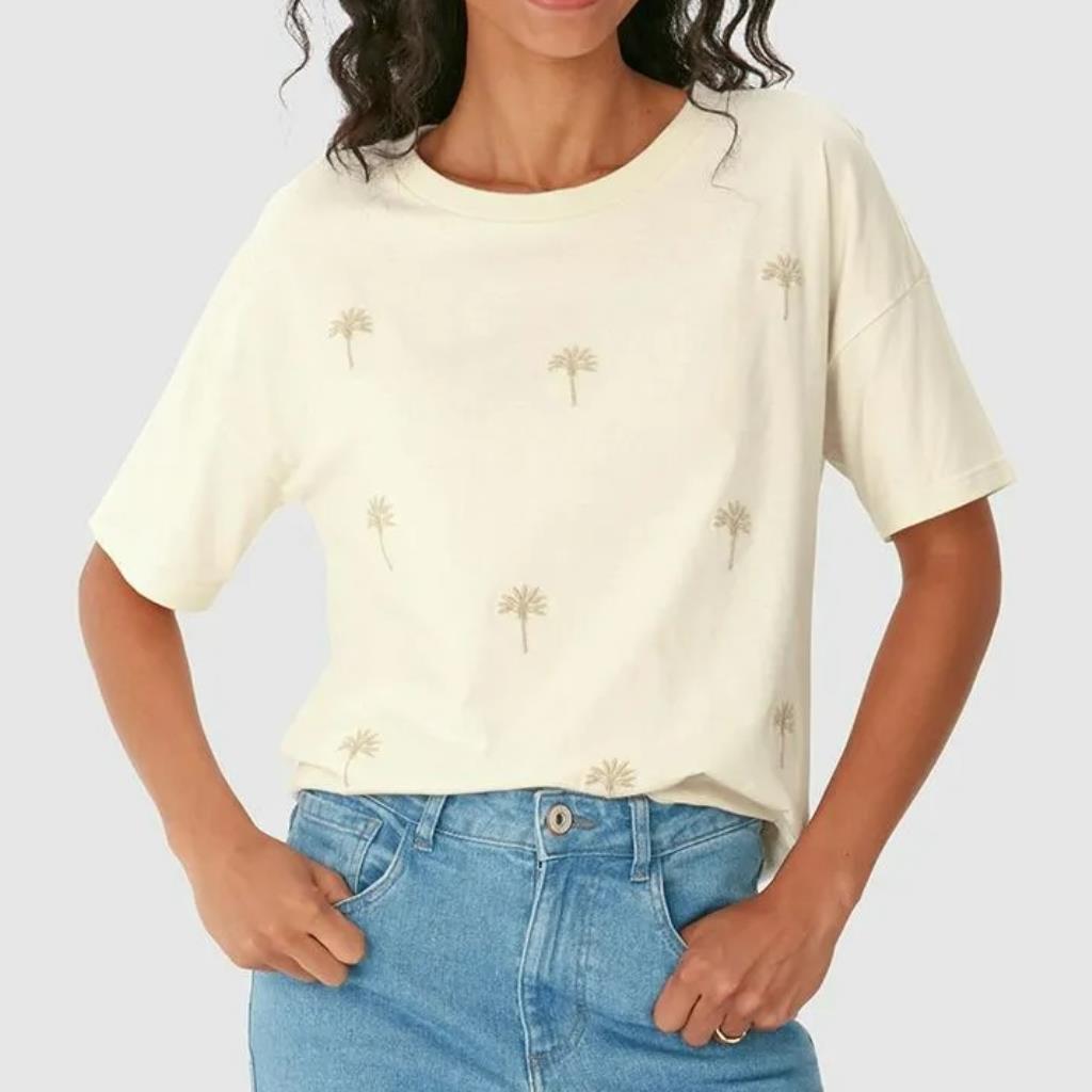 Camiseta Feminina Bordado Coqueiros Off White Tam G Malwee