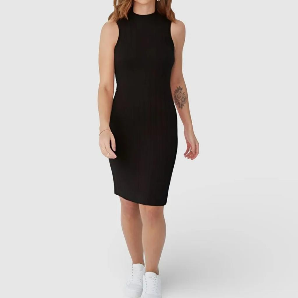 Vestido Gola Alta Canelado Viscose Preto Tam M Malwee