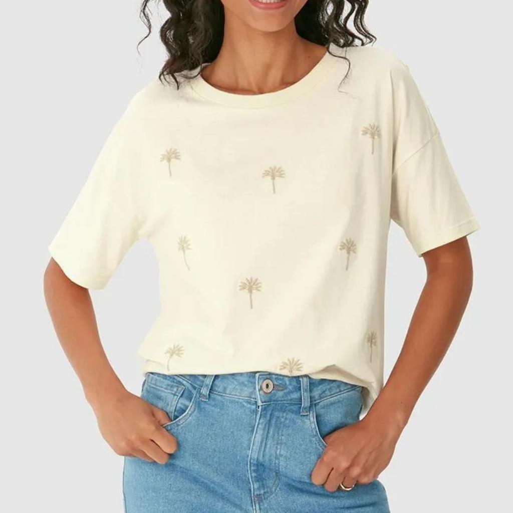 Camiseta Feminina Bordado Coqueiros Off White Tam GG Malwee